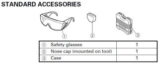 Safety glasses, a mounted nose cap, and a protective case are included