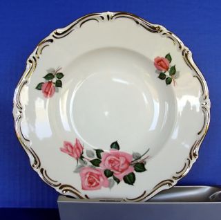 Germany Hertel Jacob Dresden Pink Roses Rim Soup Plate Porcelain Fine