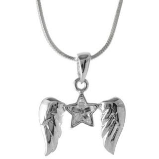 Pendant Necklace Angel Winged Star Heaven Rhinestone Silver Plated 16