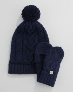428R  Cashmere Cable Knit Hat & Mittens, 6 24 Months