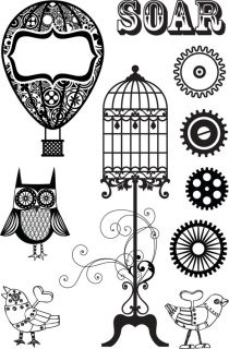 Cling mount rubber stamp set with vintage steampunk imagery.