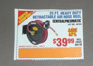 HARBOR FREIGHT TOOLS 25FT RETRACTABLE AIR/WATER REEL + 3/8 HOSE $30