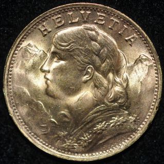  Swiss Helvetia 20 Francs Gold Coin BU 1867 Troy oz Gold in Coin