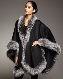 Sofia Cashmere Natural Silver Fox Fur Trimmed Cashmere Cape, Black