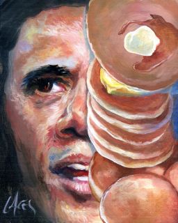 This is a painting of President Barack Obama masked with pancakes 