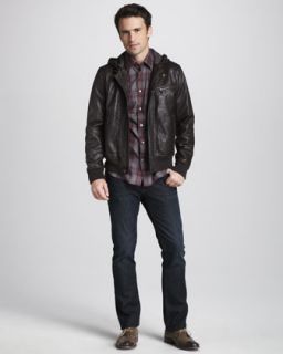 John Varvatos Star USA Hooded Leather Bomber Jacket, Spray Dye Plaid