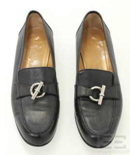 Hermes Black Textured Leather Silver Toggle Loafers Size 39.5