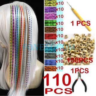110 Grizzly Synthetic Feather Hair 16I Tip Extensions Beads Hook Kit