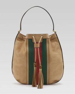 Rania Leather Drawstring Shoulder Bag, Classic Khaki