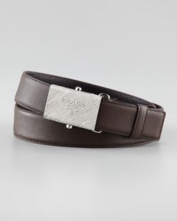 Printed Buckle Saffiano Leather Belt, Brown