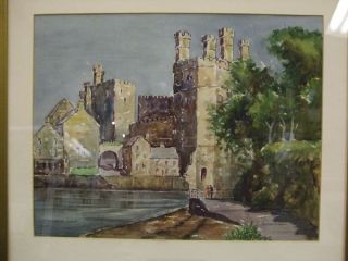  beautiful watercolor paining of the caenarvon castle and city by the