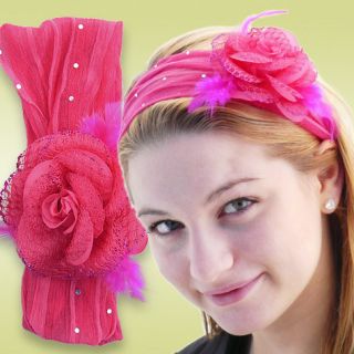 Hot Pink Fuschia Stretch Hair Head Band Flower Feathers