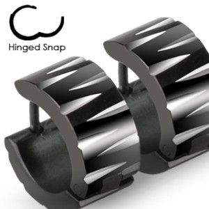  Steel Black Hoop Earrings with Tred Marks Two Tone Hinged Snap