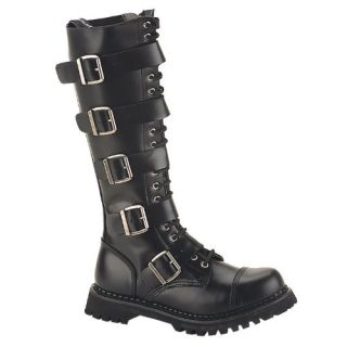 MENS Black Leather Knee High Boot 20 Eyelet 5 Strap Gothic