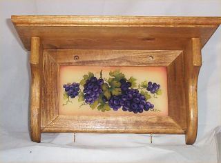 Wood Wall Shelf Tuscan Decor Grape Glass Tile Insert with Hooks Solid