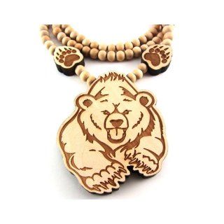 Large Wooden Bear w/ Paws Pendant Bead Chain Necklace ALL