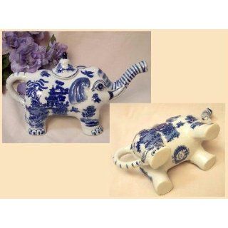 Blue Willow Ceramic Elephant Teapot 