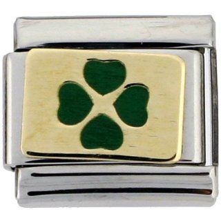 18K gold and steel Italian Charm 4 LEAF CLOVER  Gold Background