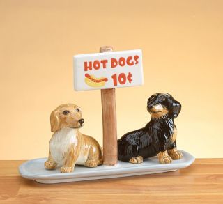 Dachshund Weiner Hot Dogs SALT & PEPPER SHAKERS SET With Base Shaker