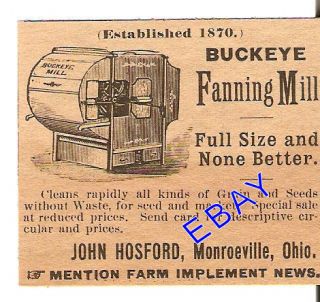 1889 John Hosford Buckeye Fanning Mill Ad Monroeville