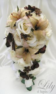 17pcs Wedding Bridal Bouquet Flowers Ivory Brown Cream