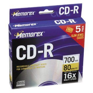 Memorex 700MB/80 Minute 16x CD R Media (5 Pack with Slim