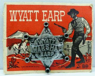  Wyatt Earp Metal Badge on Original Card Super Nice Hugh OBrian