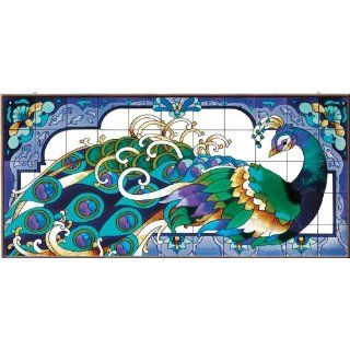 17.5 x 37.5 Peacock Mural Metal Framed Stained Glass Art