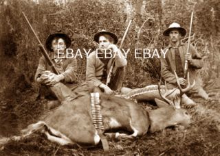 Vintage Deer Hunters with Dead Deer Gun Rifle Gunbelt Ammo Hunt