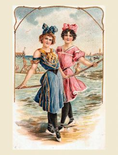 Seascapes 2 Girls in Victorian Bathing Costume 1800s Beach Ocean Fun