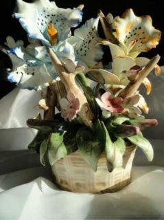 Vtg Large Capodimonte Iris Centerpiece Flower Basket Brown Stalks