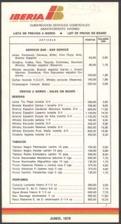 Iberia Airlines On Board Price List. Year 1978. Size 9 x 4 3/4 Aprox