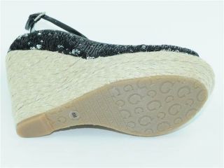 Guess Idabel Black Sequin Peep Toe Wedge Sandals Shoes Sz 8 M