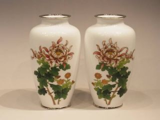  Chrysanthemum Pair of White Cloisonne Ikebana Vase ◇◆◇