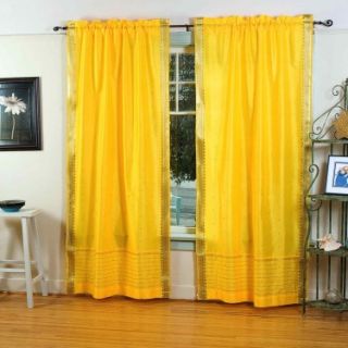 Yellow 84 inch Rod Pocket Sheer Sari Curtain Panel (India)   Pair