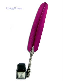  FUSCHIA PINK Italian Feather QUILL Pen and Ink Holder Set with Nibs