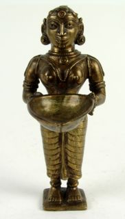 Antique 19thC South Indian Bronze Statue Woman Deepalaksmi Holding Oil