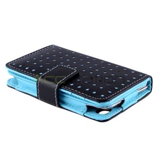For iPod Touch 4 G 4th Gen Black Blue Dot Leather Wallet Case Diamond