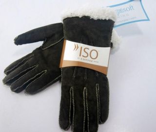 Isotoner ISO Brown Suede Whipstitched Moccasin Sherpasoft Lined Gloves