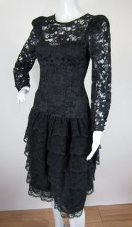 Vintage 1980s Cache Black Lace Ruffled Skirt Keyhole Back Cocktail