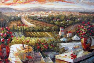 Tuscany Italian Vineyard Estate Town Cafe Landscape 24x36 Oil on