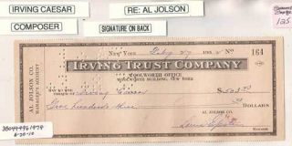 Irving Caesar Al Jolson Company Signed Endorsed Check