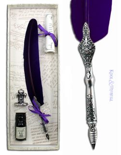 Royal Purple Italian Feather Quill Pen and Ink Set with Fleur de Lis