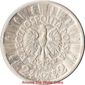 1934 Poland 2 zlote Silver Coin Jozef Pilsudski Y 27