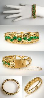 Jadeite Jade Bangle Bracelet Floral Openwork Solid 14k Gold Fine