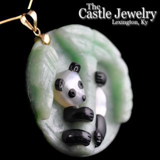 Hand Carved Round Jade Pendant with Onyx Mother of Pearl Panda Accent