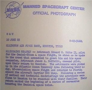  Official NASA Photo Gemini Titan 4 Edward White James McDivitt