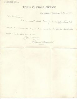 Town Clerks Office Waterbury Vermont Letterhead Handwritten Letter