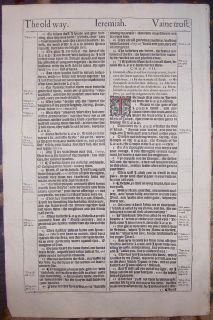 1613 King James Folio Bible Leaf RARE Jeremiah Hand Colored Woodcut
