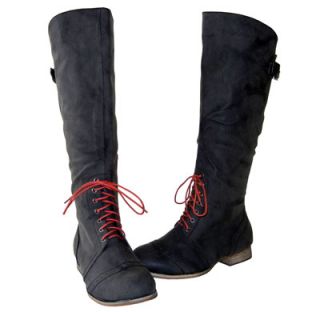 Trendy Military Vibe Contrast Red Lacing Up Knee High Flat Boots Black